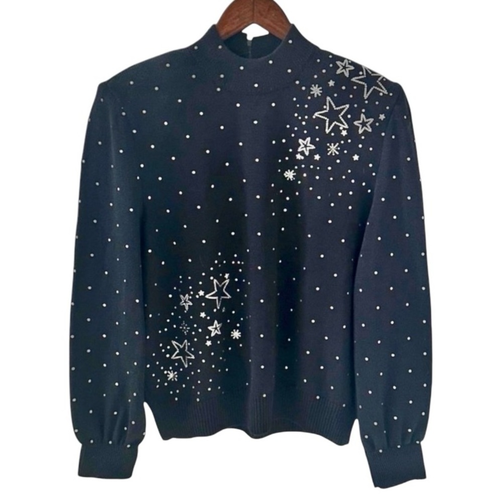 St. John Evening Black Long Sleeve Knit Sweater with Silver Stars Size Small